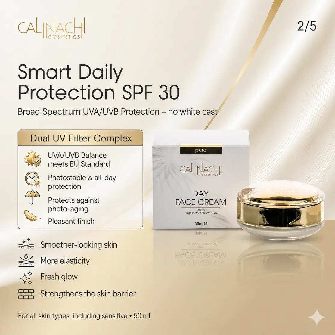 Hydrating Day Cream for Face, Neck, and Décolletage, SPF30, 50ml. skincare CALINACHI Cosmetics